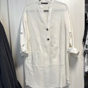 Zara White Button-Up Tunic Dress with Pocket